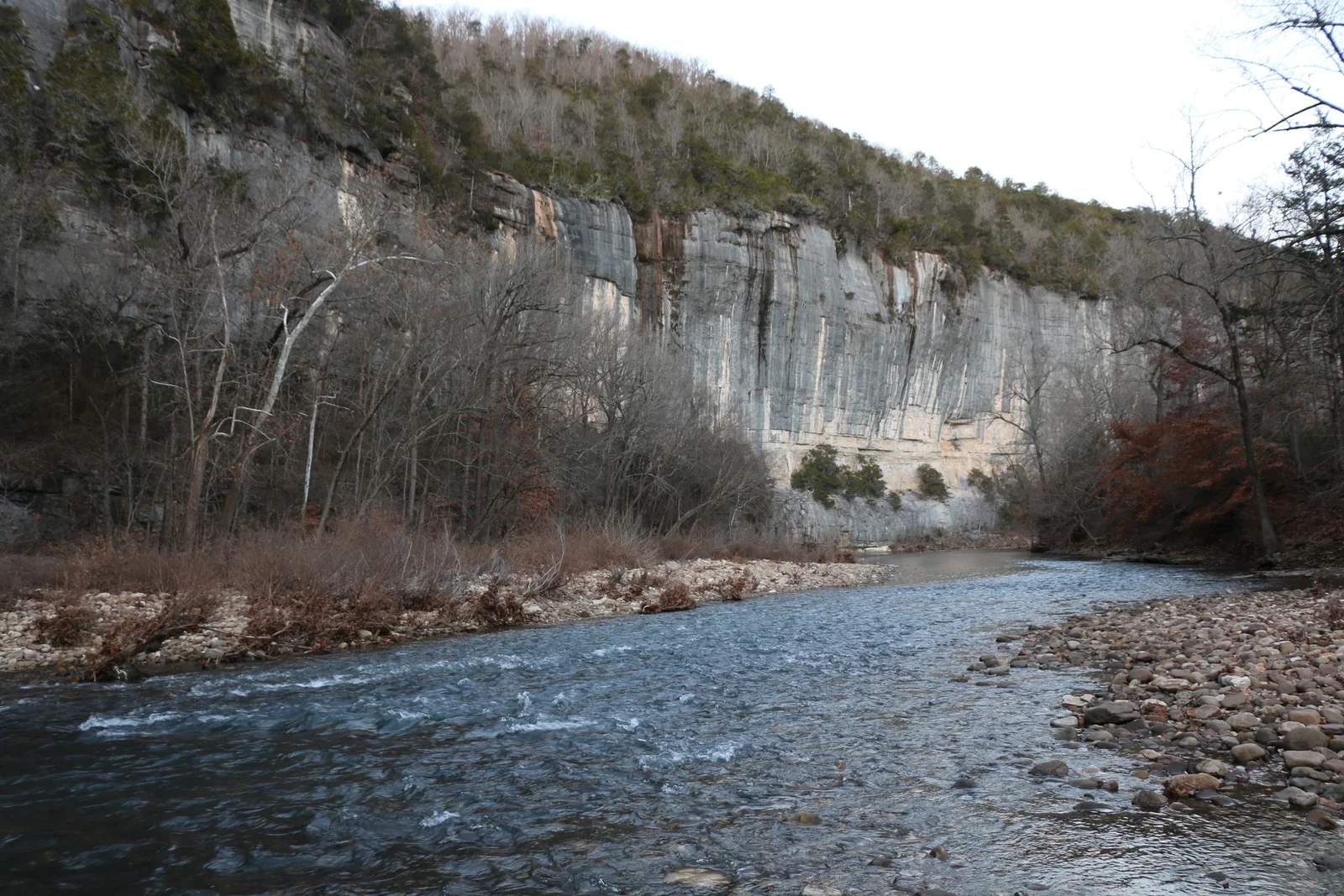 Buffalo River flowing past a gravel bar and Roark Bluff at Steel Creek, Arkansas